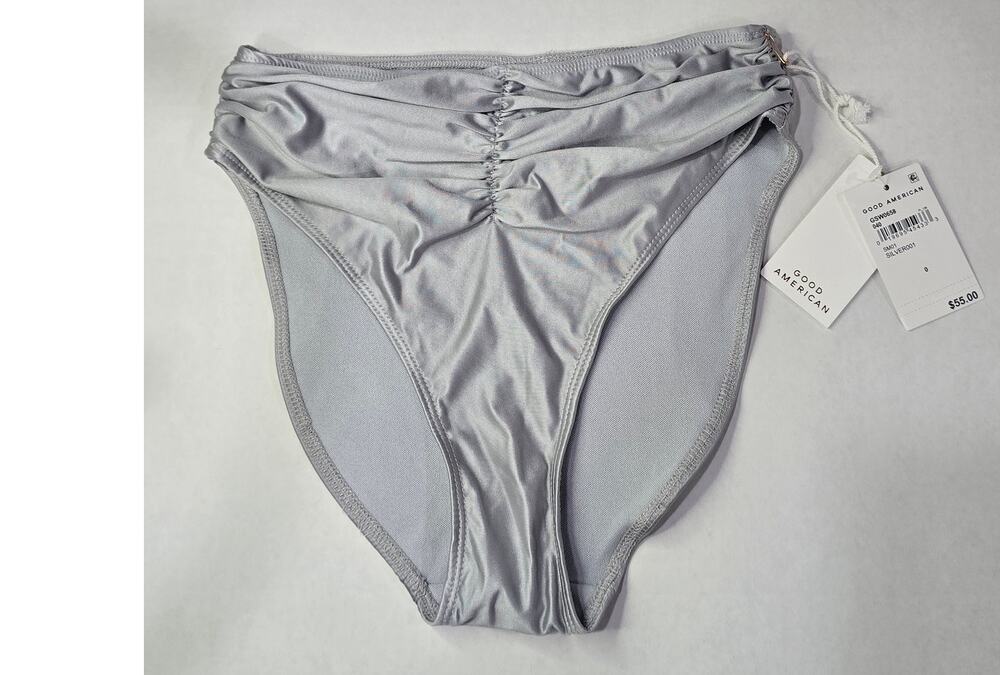 NWT Good American Silver Metallic Ruched Bikini Bottom Size 0 MSRP $55